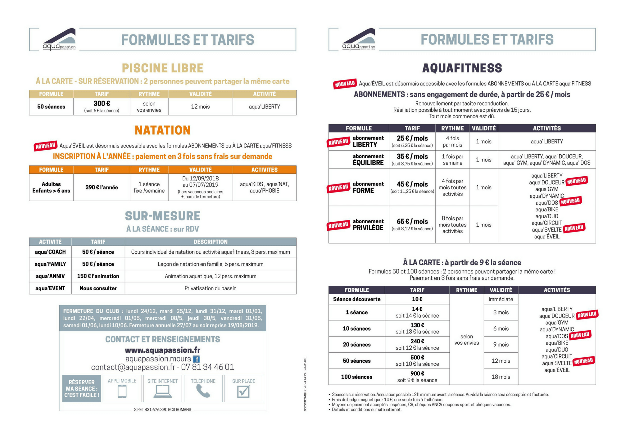 Formules et tarifs du centre aquatique Aquapassion