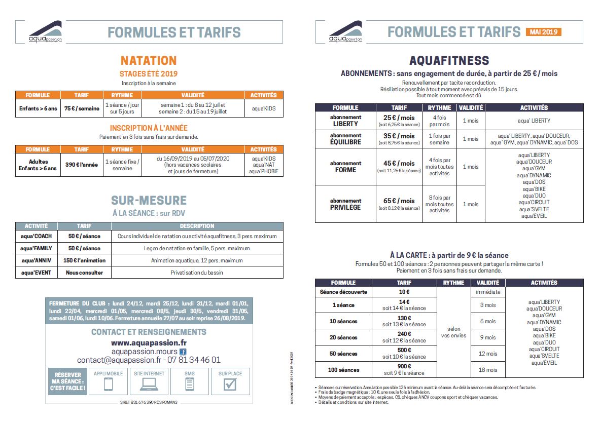 Formules et tarifs du centre aquatique Aquapassion