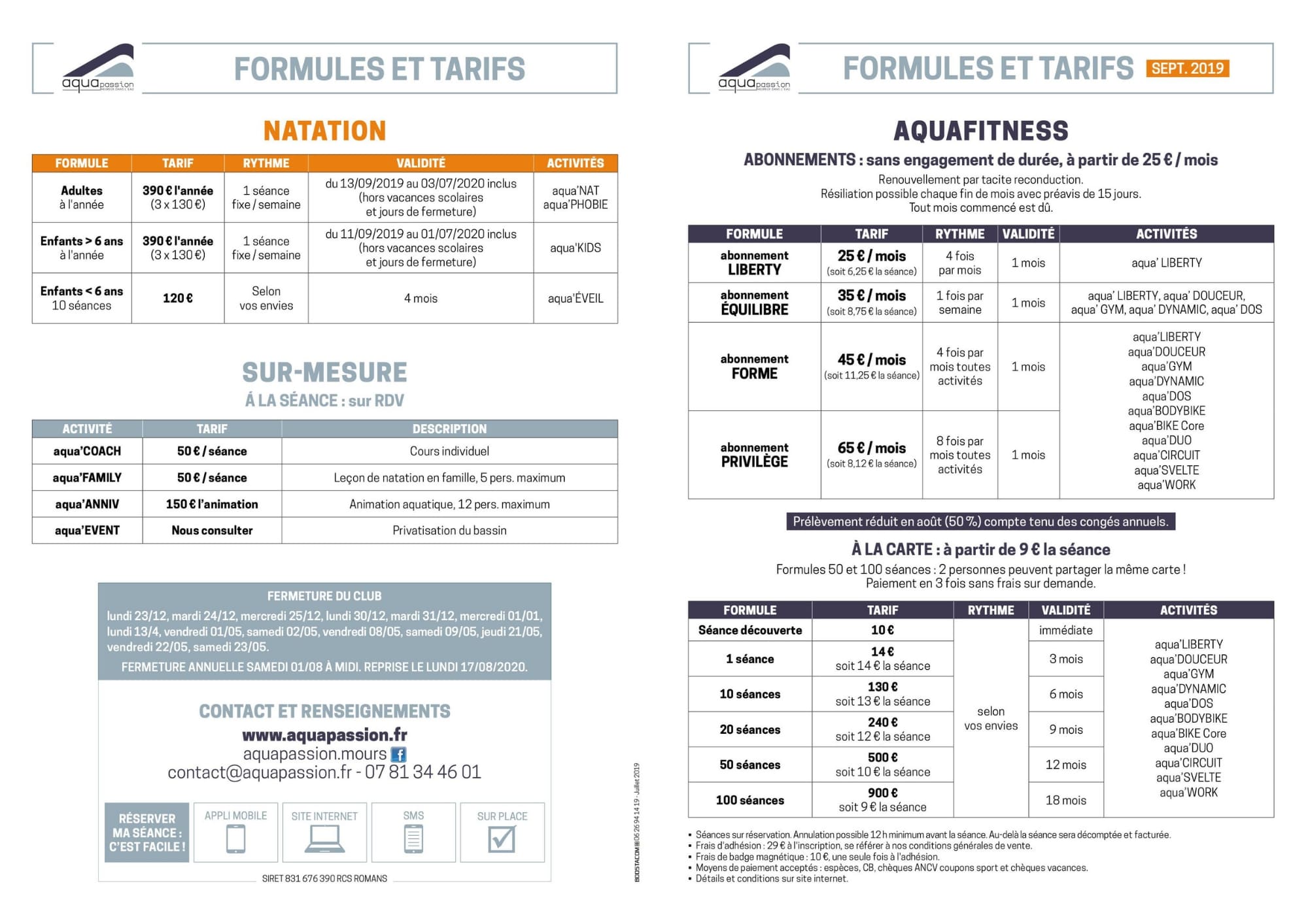 Formules et tarifs du centre aquatique Aquapassion