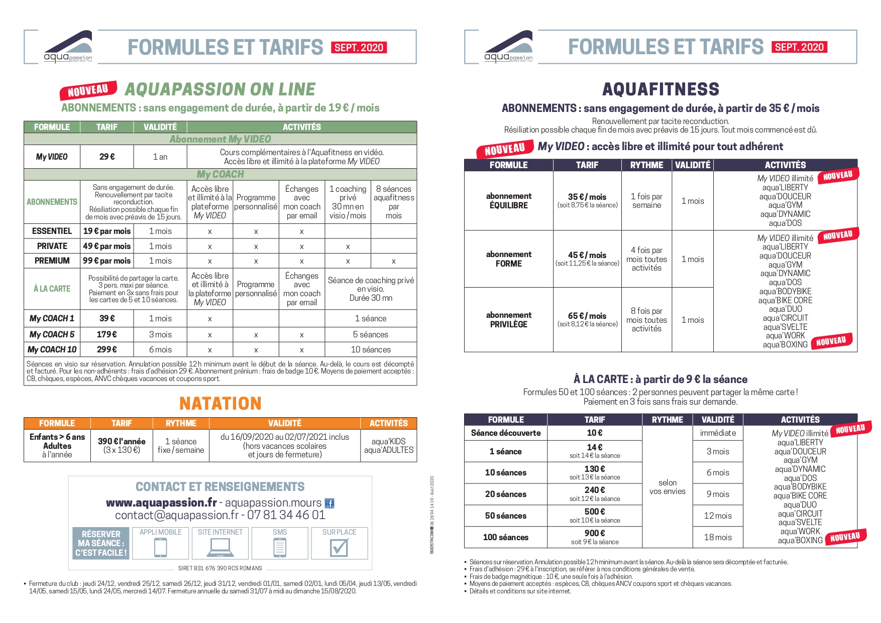 Formules et tarifs du centre aquatique Aquapassion