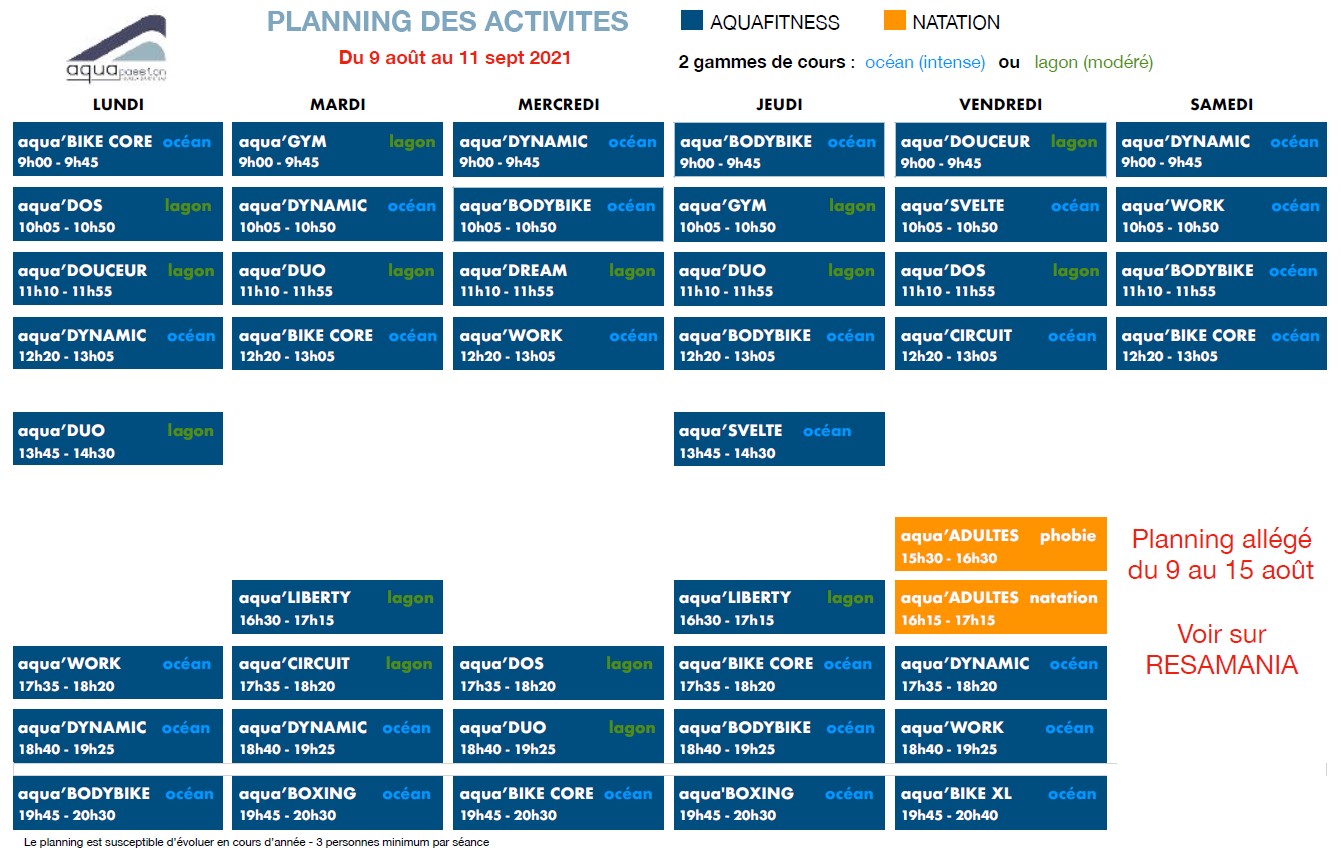 Horaires d'ouverture du centre aquatique Aquapassion