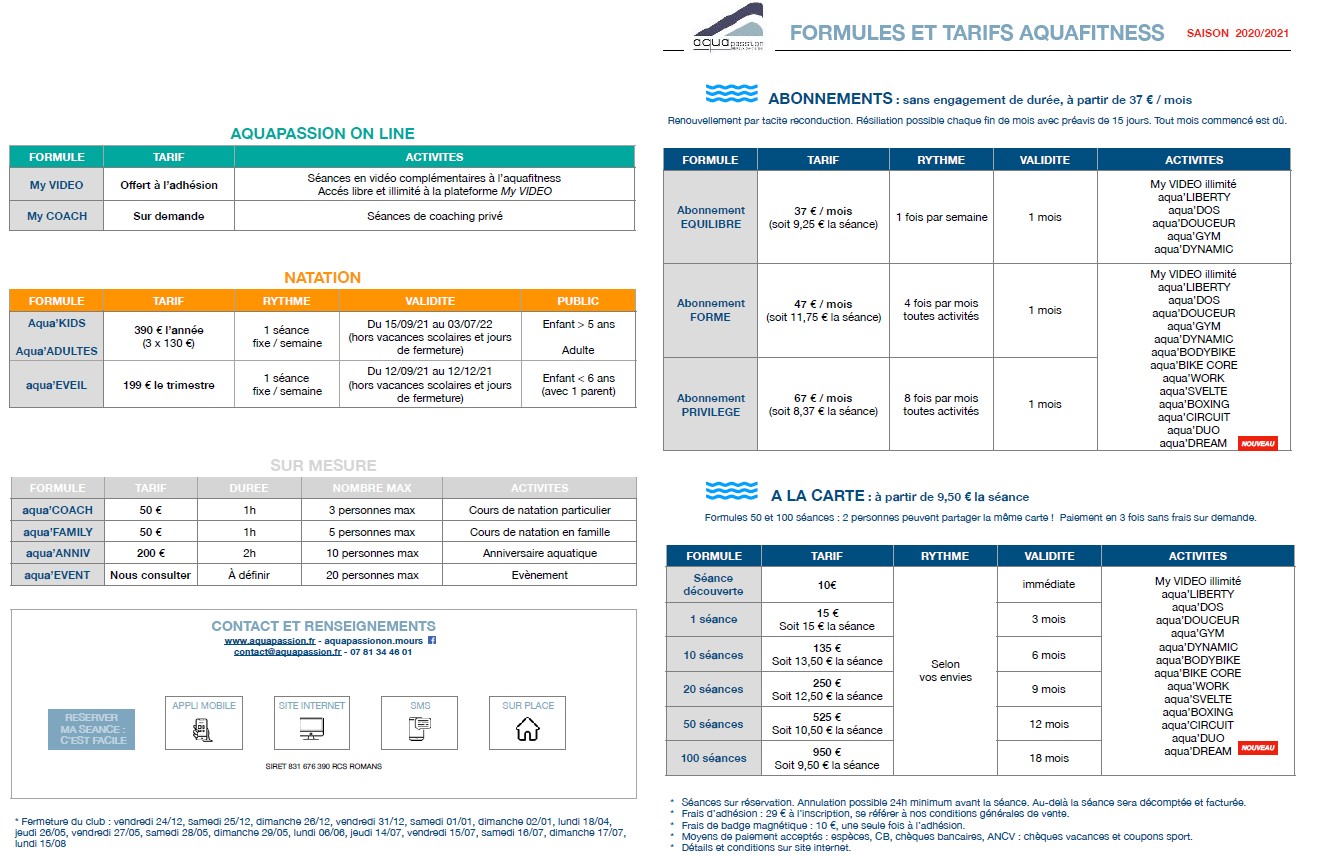 Formules et tarifs du centre aquatique Aquapassion