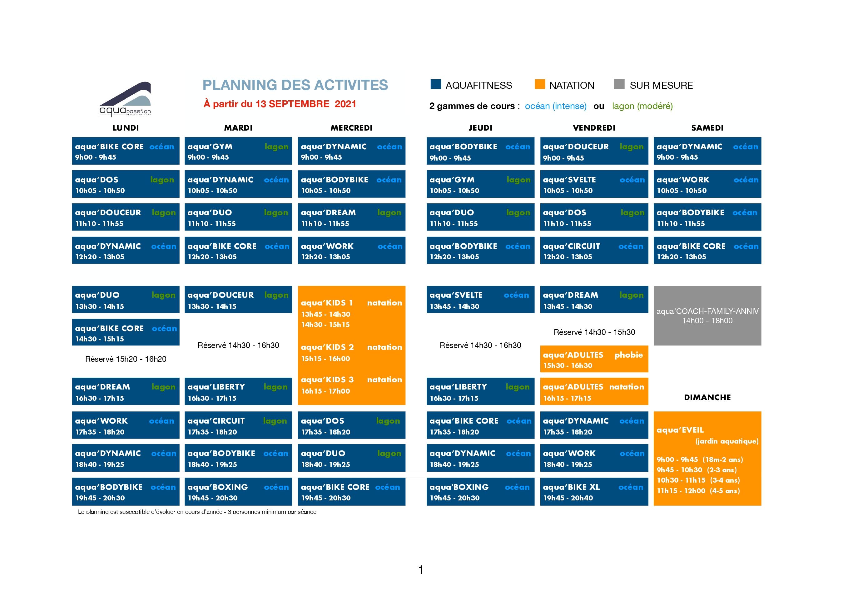 Horaires d'ouverture du centre aquatique Aquapassion