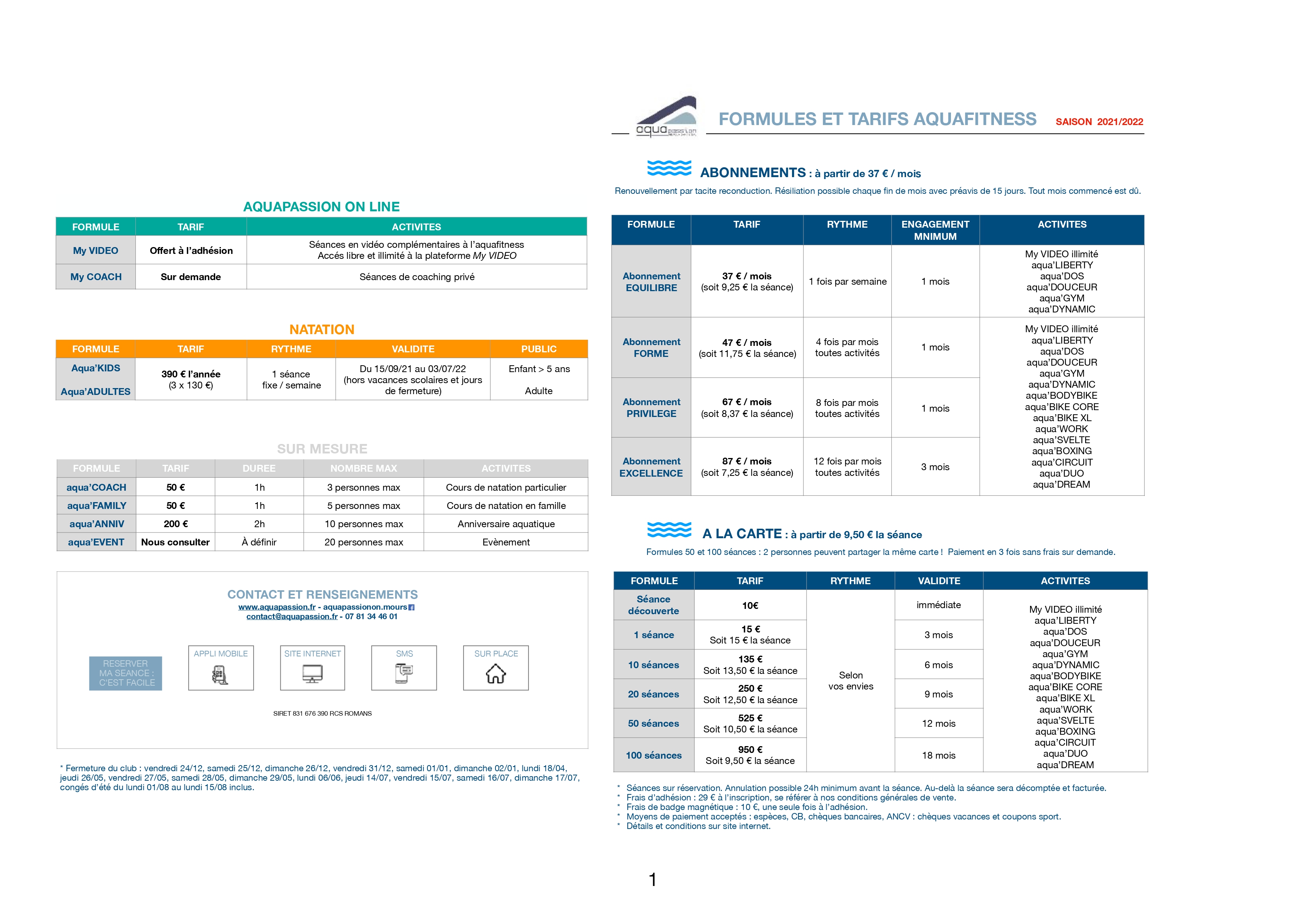 Formules et tarifs du centre aquatique Aquapassion