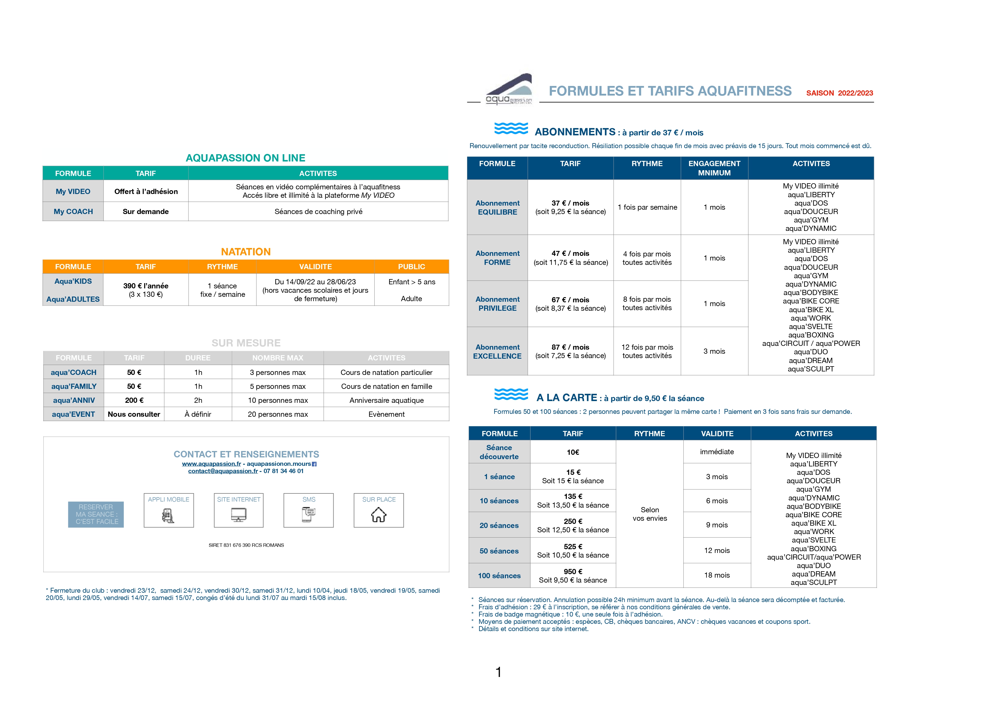 Formules et tarifs du centre aquatique Aquapassion