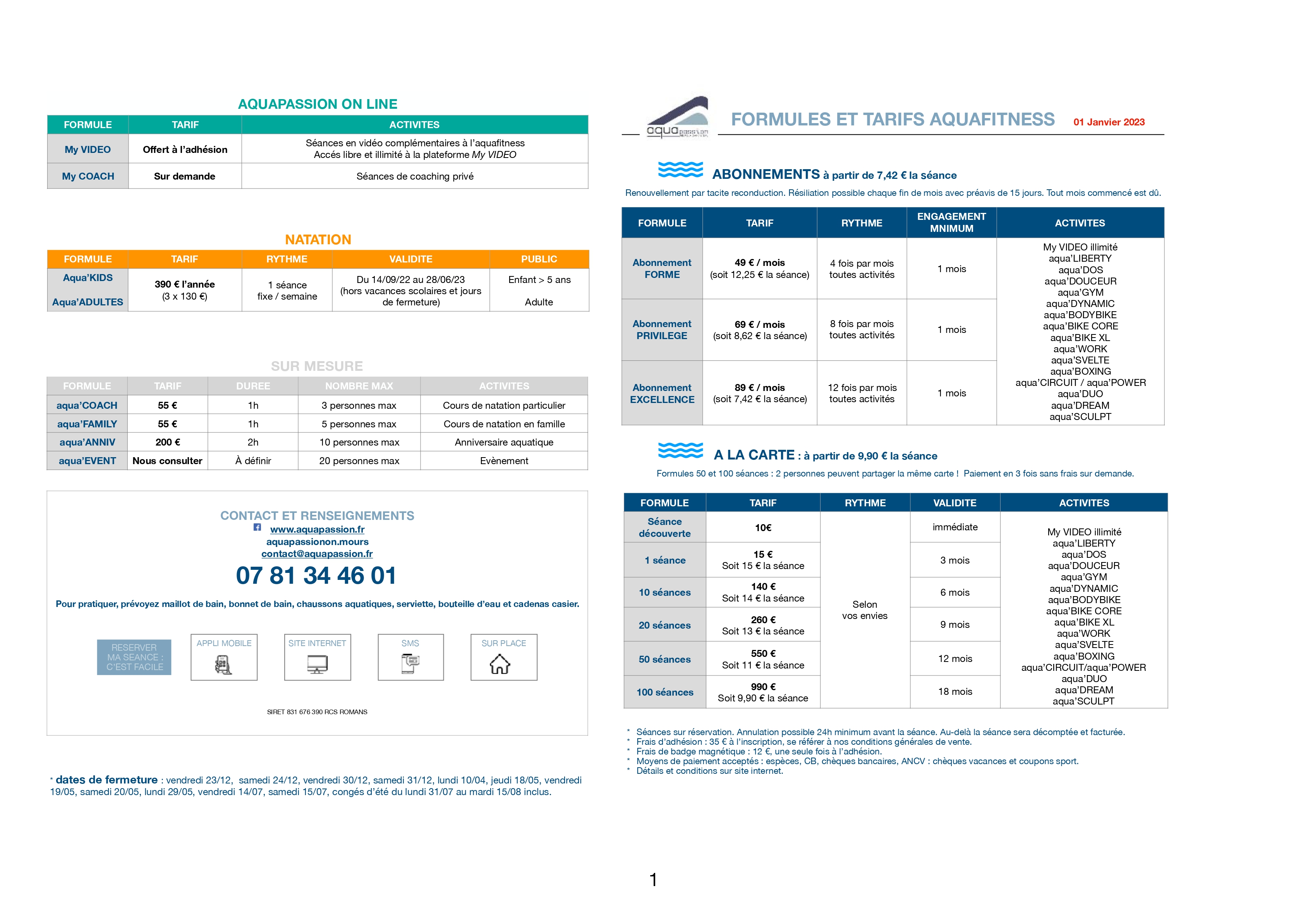 Formules et tarifs du centre aquatique Aquapassion