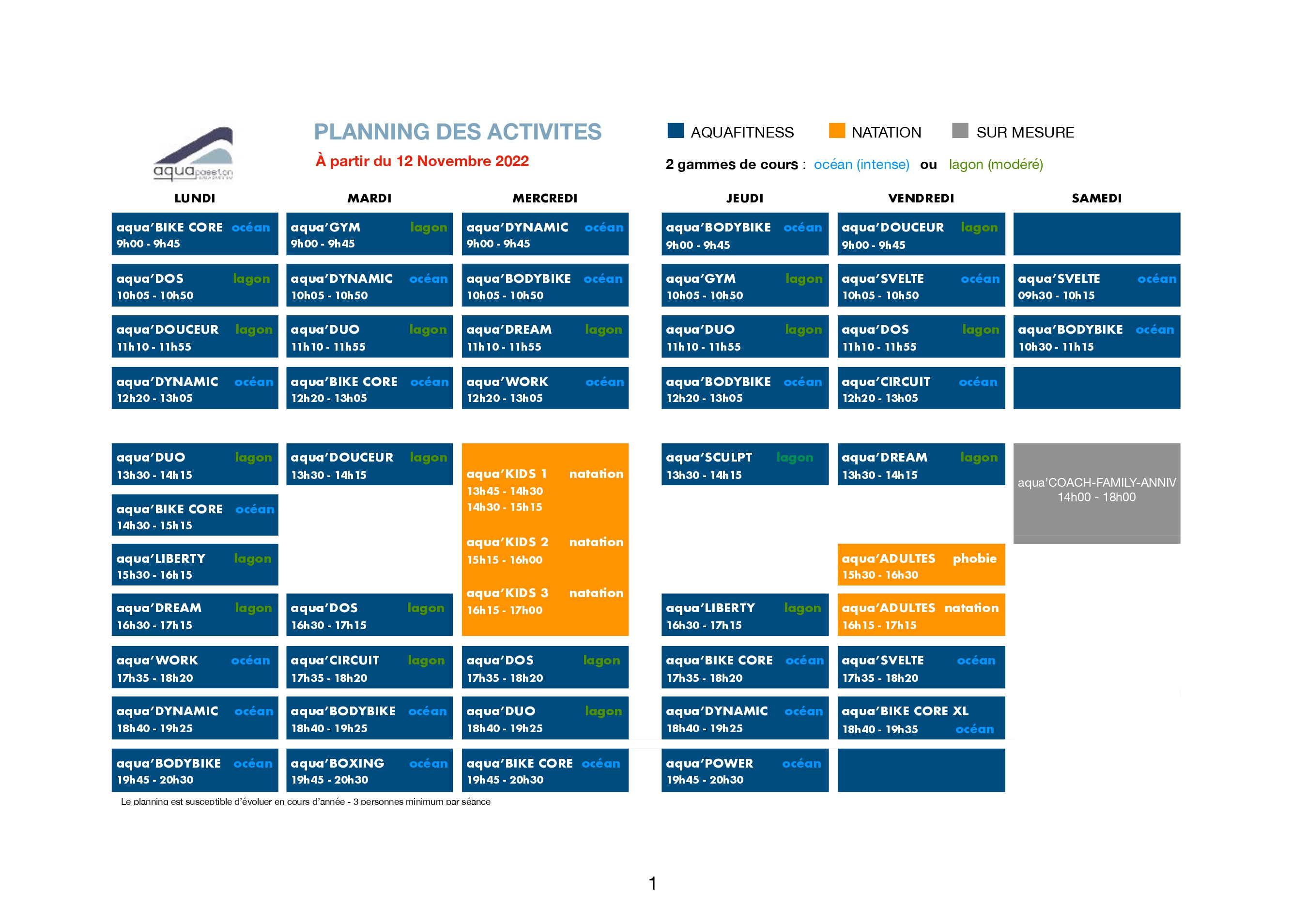 Horaires d'ouverture du centre aquatique Aquapassion