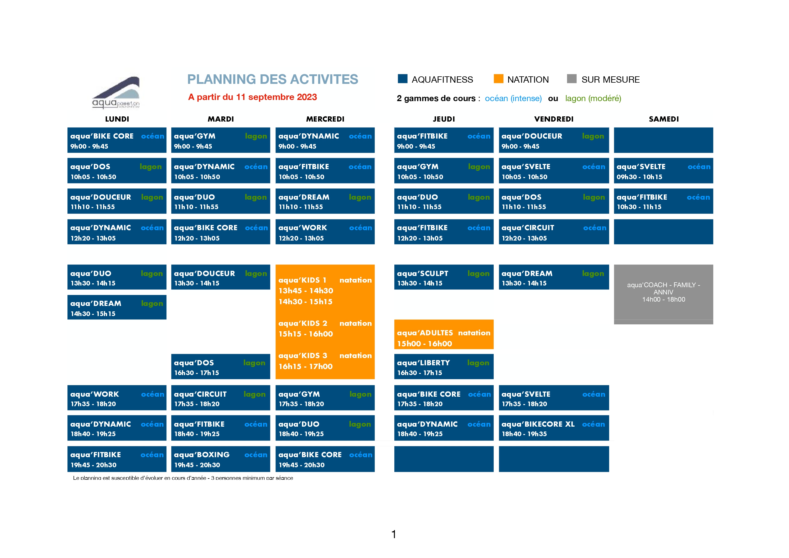 Horaires d'ouverture du centre aquatique Aquapassion