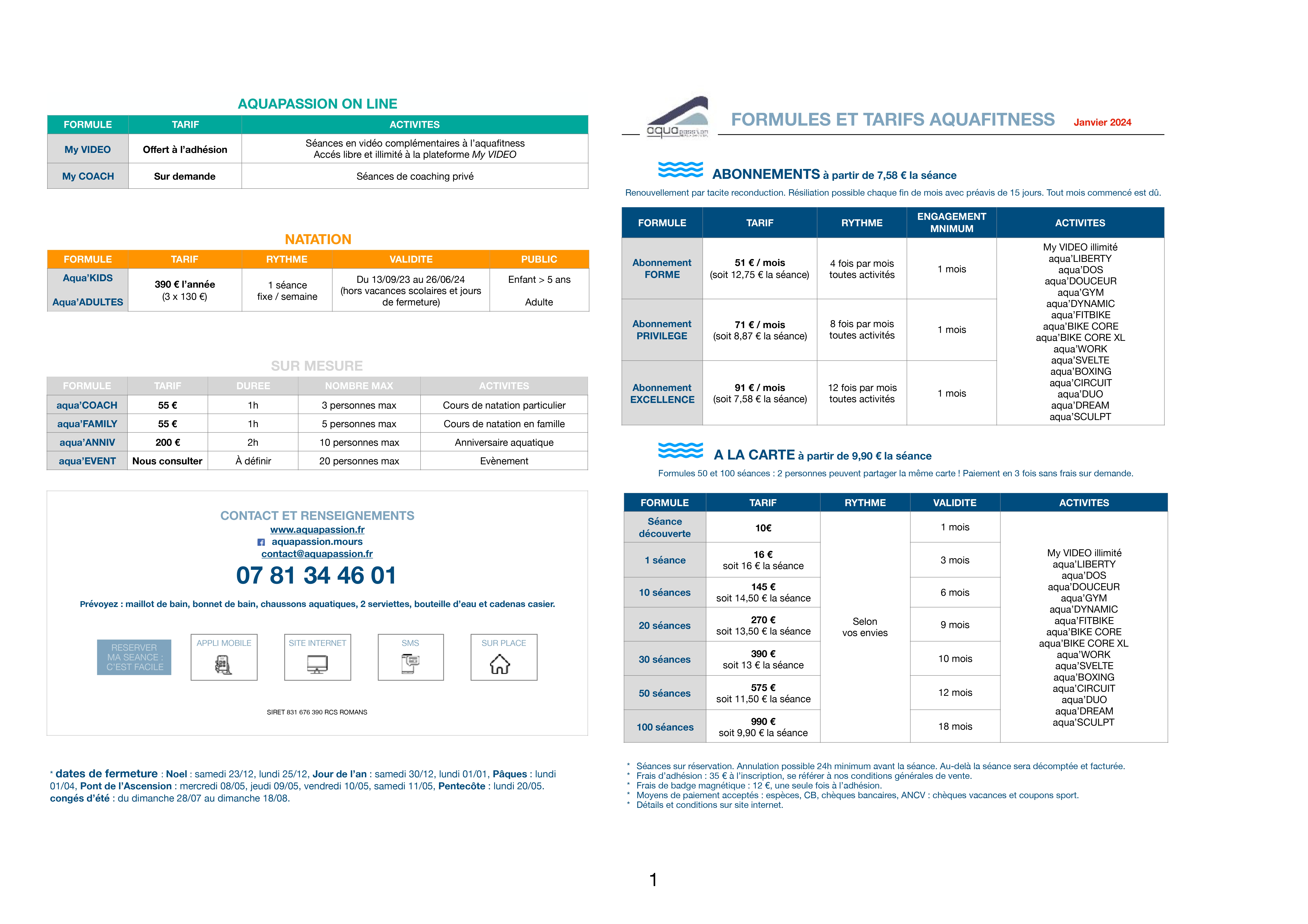 Formules et tarifs du centre aquatique Aquapassion