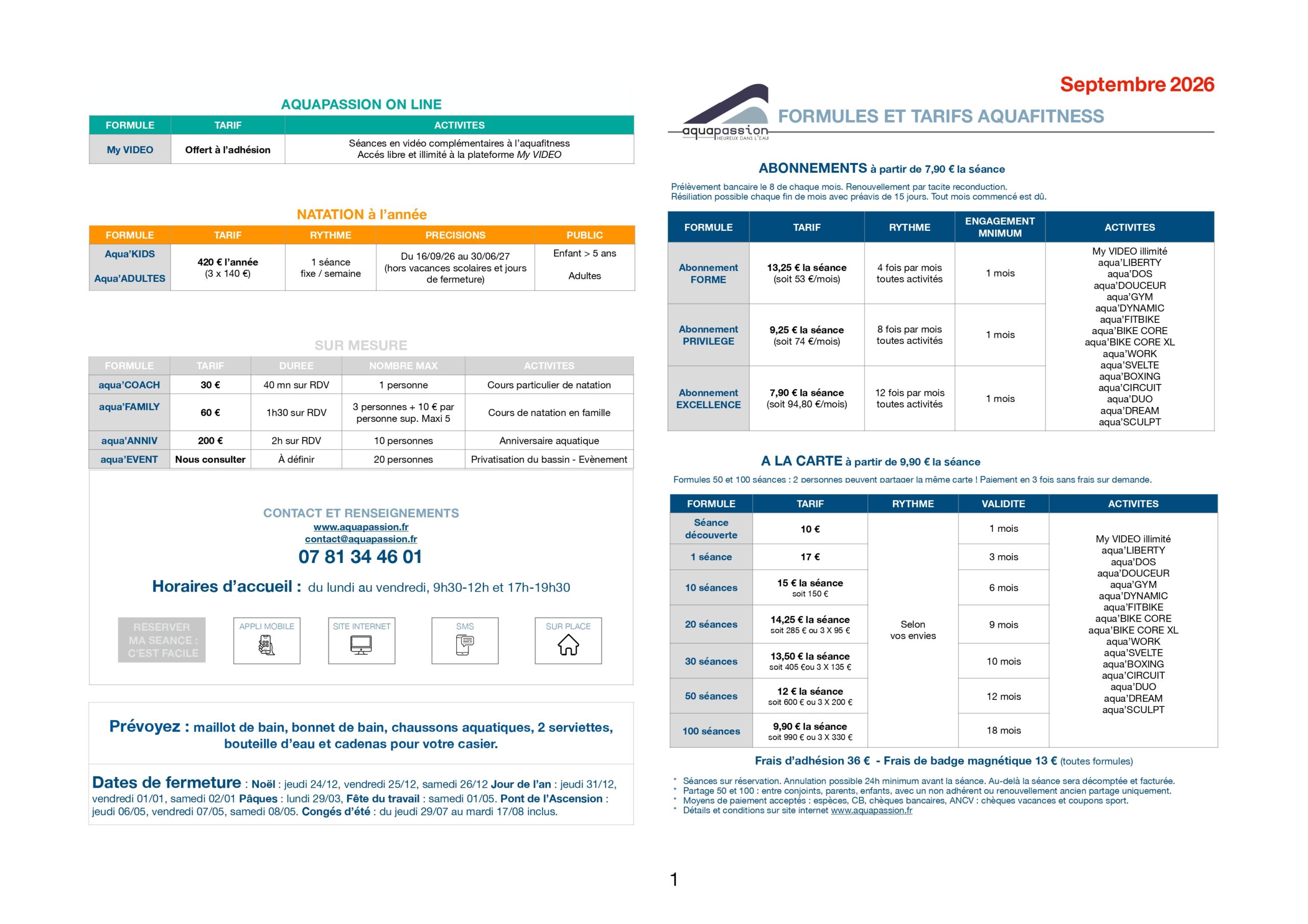 Formules et tarifs du centre aquatique Aquapassion